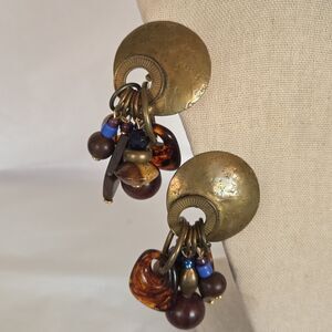 Vintage Marjorie Baer SF Bohemian Clip Earrings Mixed Dangle Beads Signed